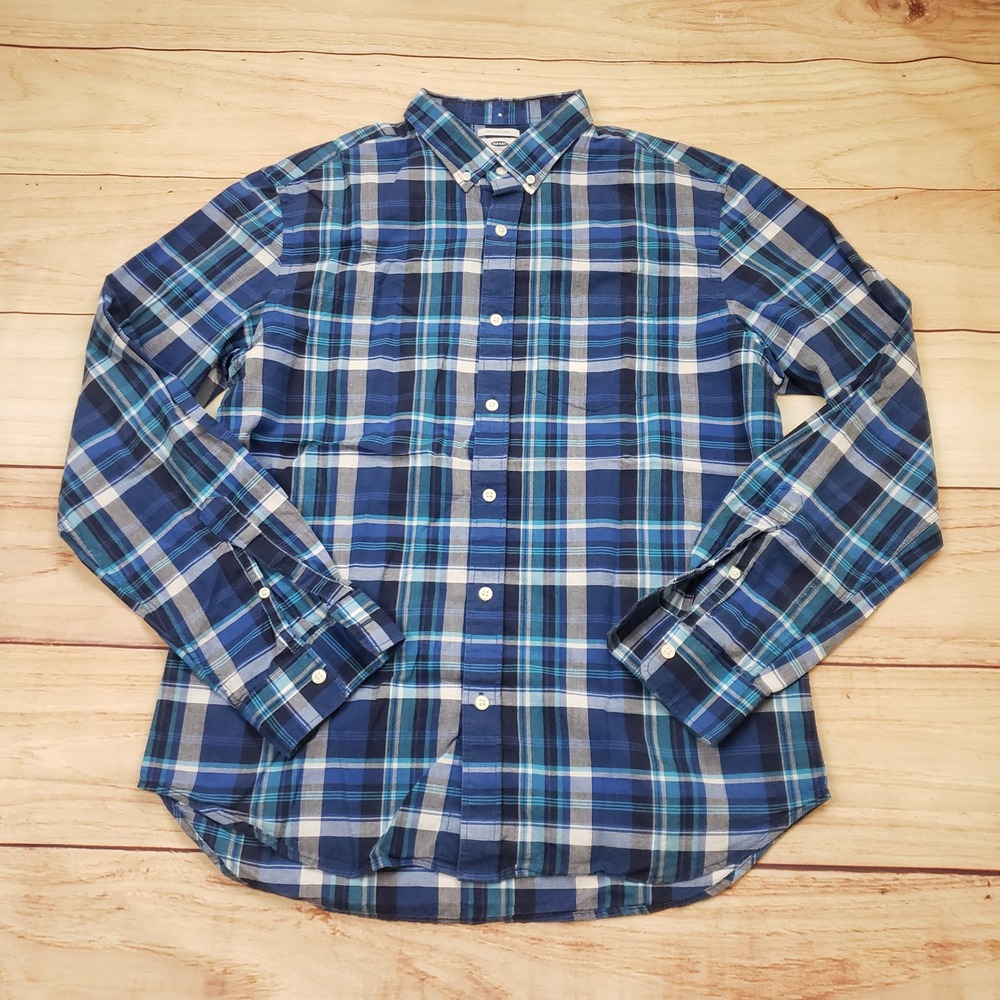 Old Navy Shirt Mens Large Blue‎ White Casual Slim Fit Plaid Button Down Cotton